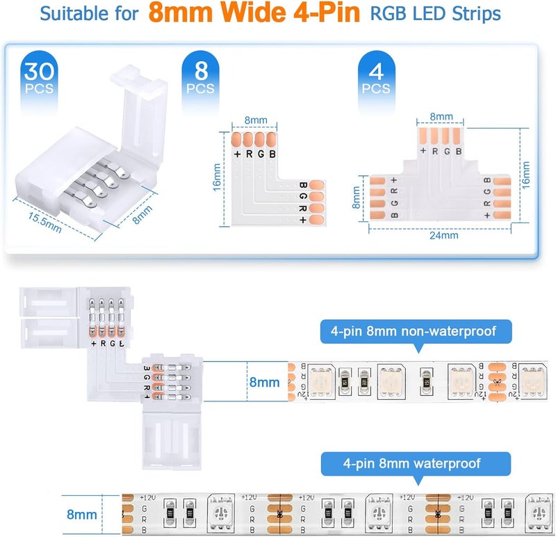 Pmxary 42Pcs 4 Pin LED Strip Connectors Kit for 8mm Wide RGB LED Strip Light, Includes 8 L-Shaped, 4 T-Shaped, and 30 Solderless LED Light Connectors Clips, Easy for DIY Lighting Projects - Image 2